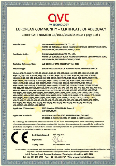 CE certificate for washing machine motor